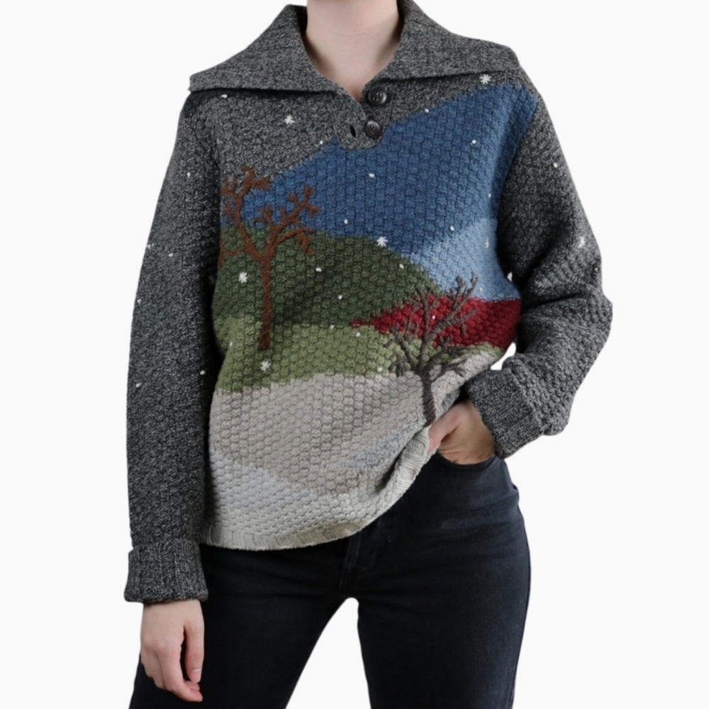 Vintage Woolrich 100% Lambswool Scenic Winter Landscape Knit Sweater M